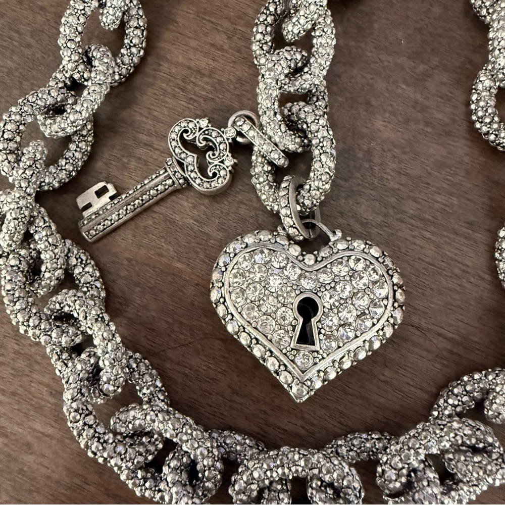 Silver Crystal Heart Lock Charm Necklace and Earrings Set - Picture 3 of 4